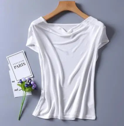 Top in pura seta naturale, con collo drappeggiato, maniche corte