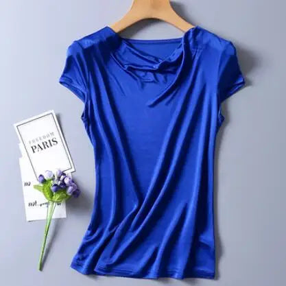 Top in pura seta naturale, con collo drappeggiato, maniche corte