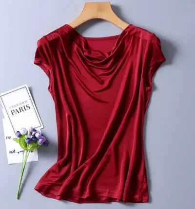Top in pura seta naturale, con collo drappeggiato, maniche corte