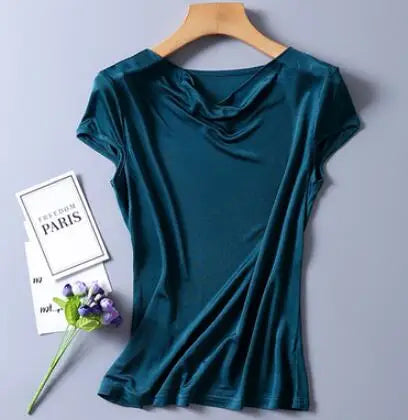 Top in pura seta naturale, con collo drappeggiato, maniche corte