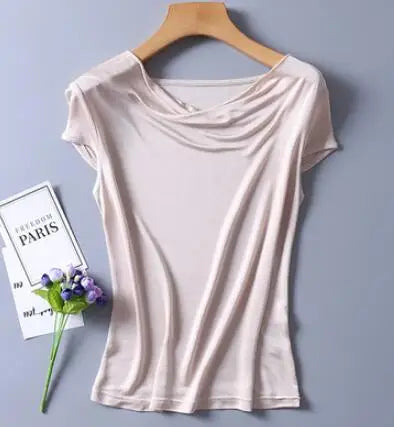 Top in pura seta naturale, con collo drappeggiato, maniche corte