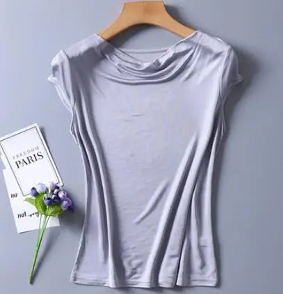 Top in pura seta naturale, con collo drappeggiato, maniche corte