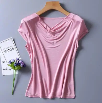 Top in pura seta naturale, con collo drappeggiato, maniche corte