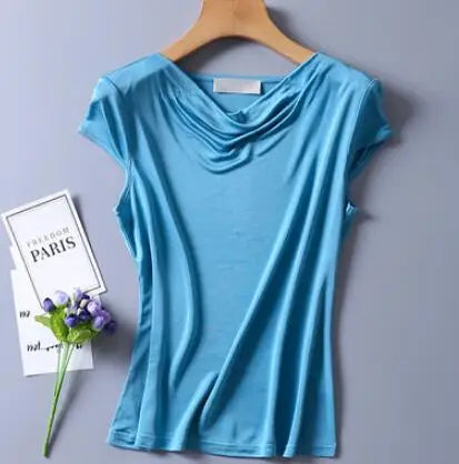 Top in pura seta naturale, con collo drappeggiato, maniche corte