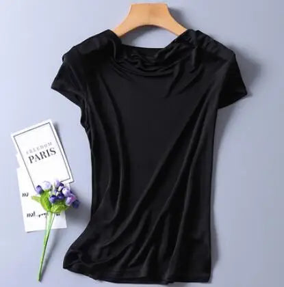 Top in pura seta naturale, con collo drappeggiato, maniche corte