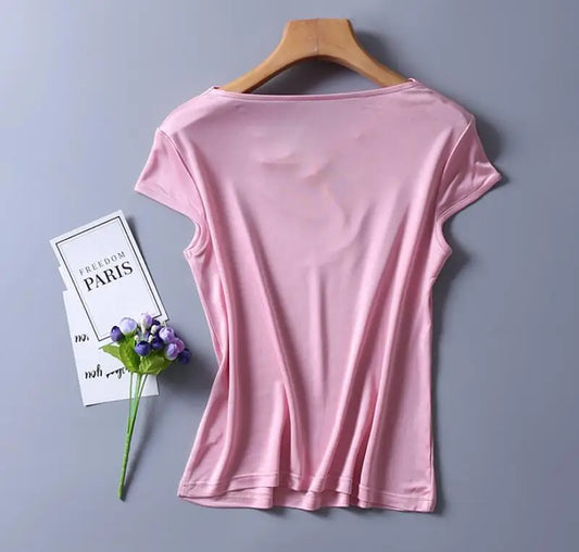 Top in pura seta naturale, con collo drappeggiato, maniche corte