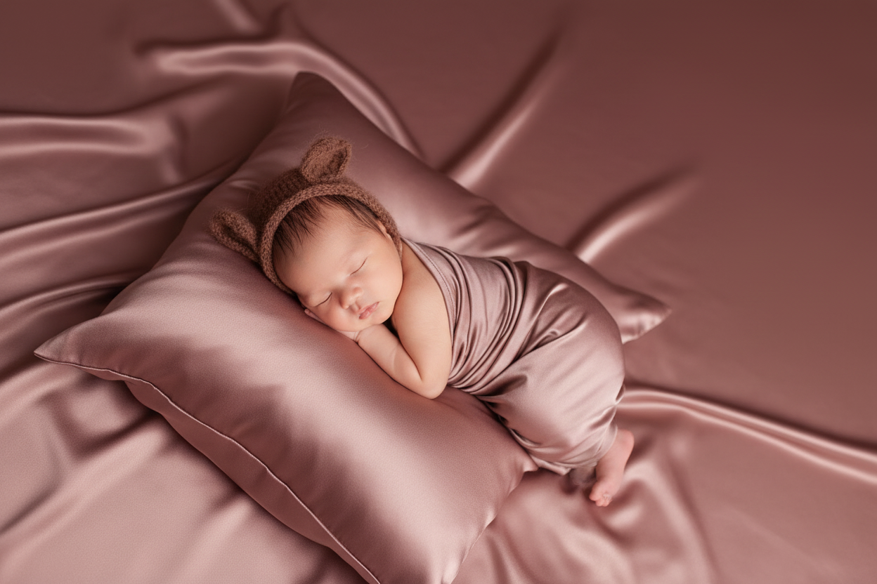 Neonato che dorme su federa in seta 100% — morbidezza e lucentezza della seta naturale