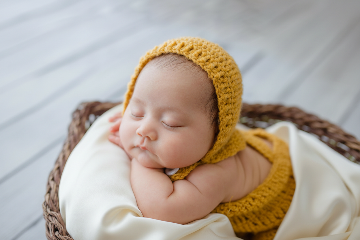 Neonato con cappellino giallo su cuscino di seta